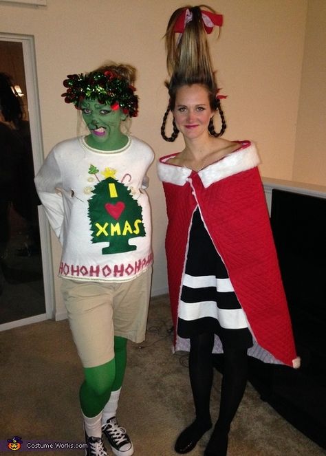 Thrift Christmas, Christmas Costumes Diy, Funny Christmas Costumes, Grinch Halloween, Christmas Costumes Women, Girl Group Halloween Costumes, Grinch Costumes, Easy College Halloween Costumes, Xmas Costumes