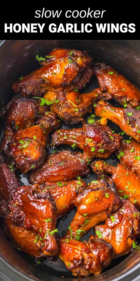 honey garlic wings in a crockpot Slow Cooker Sticky Chicken Wings, Crockpot Recipes Wings, Chicken Wingettes Crockpot, Easy Crockpot Wings Recipe, Honey Garlic Chicken Wings Crockpot, Crockpot Sticky Wings, Crock Pot Hot Wings, Slow Cooker Hot Wings, Sweet Garlic Sauce