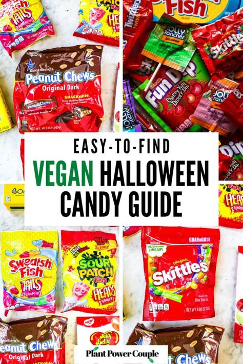 Four photos showing a variety of vegan candies including peanut chews, skittles, sour patch kids, swedish fish, and jolly rancher lollipops. Text reads: easy to find vegan halloween candy guide Gravy For Thanksgiving, Vegan Halloween Candy, Jolly Rancher Lollipops, Meatless Meat, Refrigerator Dill Pickles, Accidentally Vegan, Vegan Candy, Meat Meals, Sugar Sticks