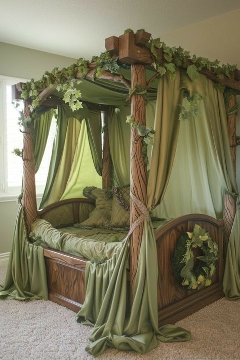 Canopy Bed Stars, Canopy Bed Ideas, Fairytale Bedroom, Green Canopy, Princess Canopy Bed, 4 Bedroom House Designs, Dream Bedroom Inspiration, College Bedroom, Intimate Space