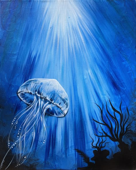 Blue Jellyfish Painting, Blue Painting Ideas On Canvas, Under Sea Painting, Night Sea Painting, Jellyfish Paintings, Painting Jellyfish, Jellyfish Illustration, Jellyfish Painting, Jellyfish Drawing