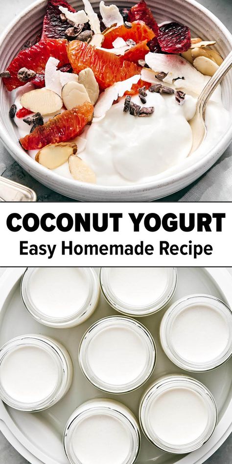 Homemade coconut yogurt recipe. Coconut Greek Yogurt Recipe, Coconut Cream Yogurt Recipe, How To Make Coconut Yogurt At Home, How To Make Coconut Yogurt, Oui Yogurt Recipes, Non Dairy Yogurt Recipe, Making Yogurt Homemade, Coconut Yogurt Bowl, Home Made Yogurt Recipes