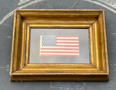 "Check us out in 7/22 issue of Country Living magazine Where we are featured for our amazing vintage and antique flag collection. Very nice and scarce antique flag Professionally framed in this incredible antique gilt American frame. We recently acquired this from a private collection in the mid west. Flag is about 8\"x5\" Frame is about 18\"x15\" FF45E95 The 45-Star Flag: This Flag became the Official United States Flag on July 4th, 1896. A star was added for the admission of Utah on January 4t Restoration Hardware American Flag, Framed American Flag Vintage, American Flag Room Decor, American Flag Room, Framed American Flag, American Flag Quilt, Grover Cleveland, William Mckinley, Star Flag