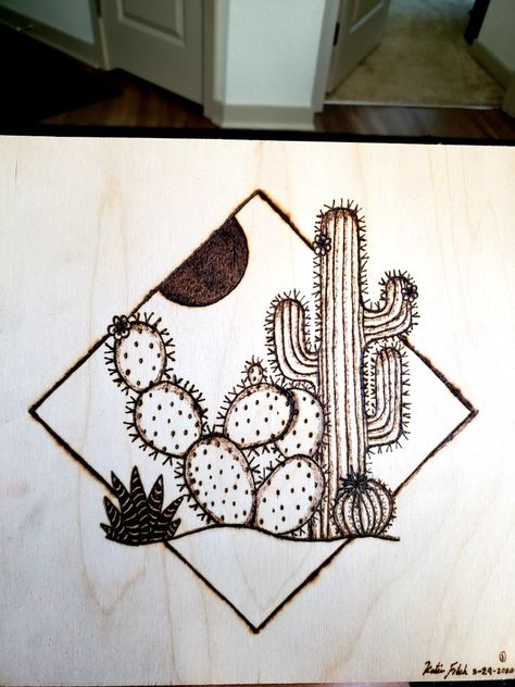 Baltic Birch wood #pyrography #woodburning #wooddesign #cacti #cactus #desert Wood Burning Desert Scene, Wood Burn Cactus, Western Wood Burning Patterns, Cactus Wood Burning, Simple Pyrography Designs, Simple Wood Burning Designs, Western Wood Burning Ideas, Woodburning Ideas For Beginners, Wood Burning Easy