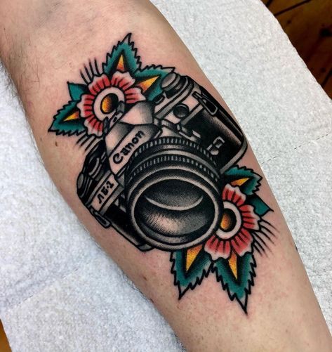 Traditional Tattoo Camera, Traditional Tattoo Music, American Style Tattoo, Camera Tattoo Design, Camera Tattoos, Traditional Tattoo Inspiration, Traditional Tattoo Designs, Traditional Style Tattoo, New Tattoo Designs