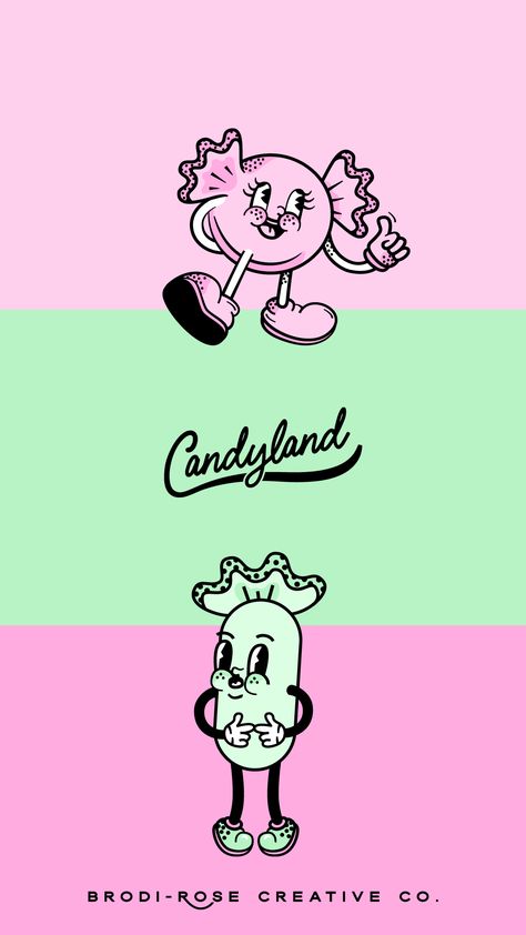 Candyland brand retro logo and mascot illustration Candyland is a retro confectionery outlet, that is reminiscent of walking into a candy store full of all your childhood treats. This branding uses the retro style of rubber hose, in a retro mascot design. This branding is modern, yet has a retro vibe. It’s specifically candy colours, is eye-catching and sets them apart from their competitors. Product packaging, website and social media templates, logo, color palette, icons, the mascots and more. Daycare Logo, Illustration Building, Retro Mascot, Packaging Website, Colorful Branding, Mascot Illustration, Candy Logo, Building Brand, Style Guide Design