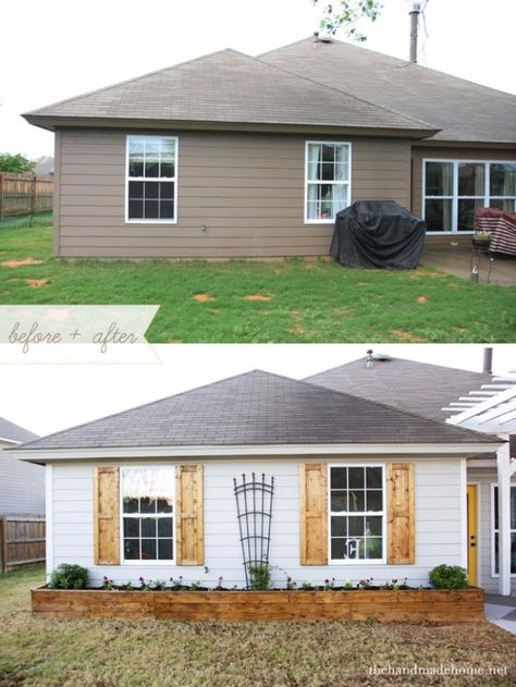 Home Improvement Hacks. - Build Shutters Like a Pro - Remodeling Ideas and DIY Home Improvement Made Easy With the Clever, Easy Renovation Ideas. Kitchen, Bathroom, Garage. Walls, Floors, Baseboards,Tile, Ceilings, Wood and Trim #diy #homeimprovement Diy Curb Appeal, Architecture Renovation, Exterior Makeover, Casa Exterior, After Pictures, Before And After Pictures, Boho Home, Diy Home Improvement, Design Case