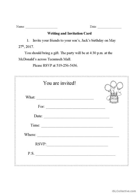 How To Write Invitation Card, How To Make Invitations, 3rd Birthday Boys, Creative Worksheets, English Worksheets For Kindergarten, Diy Classroom Decorations, Invitation Examples, Language Goals, Card Creative