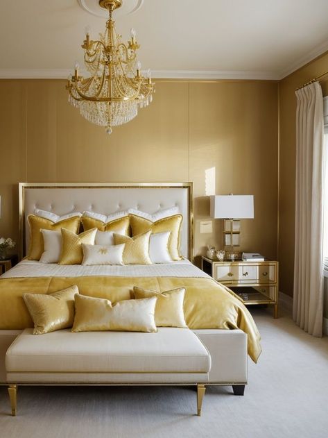 Elevate your bedroom with a luxurious golden yellow accent wall. Complete the look with a sleek white bed frame, plush velvet pillows, and a statement chandelier for a touch of glamour. Luxurious Yellow Bedroom, Golden White Bedroom, His And Her Bedroom Ideas Couple, Washroom Layout, His And Hers Bedroom Ideas, Yellow Accent Wall, Bedroom Ideas Couples, Golden Bedroom, Yellow Accent Walls