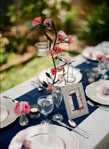 table # Coral Centerpieces, Pink Grey Wedding, Blue Table Settings, Simple Centerpiece, Navy Table, Pink Centerpieces, Cloth Ideas, Blue Combination, Wedding Navy