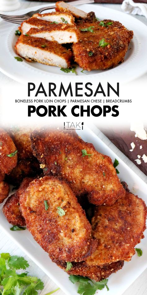 An easy recipe for succulent, crispy Parmesan Crusted Pork Chops! Featuring boneless chops coated in a flavorful Italian Parmesan-breadcrumb mix. They're flash-fried to ensure a seriously crunchy crust and are then transferred to the oven to finish cooking! The perfect quick and easy dinner idea for weeknights! Boneless Sirloin Chops Recipes, Parmesan Fried Pork Chops, Italian Style Pork Chops Recipe, Oven Fried Pork Chops Boneless, Sirloin Pork Chop Recipes, Boneless Pork Sirloin Chops, Pork Sirloin Chops, Apartment Meals, Crusted Pork Chops