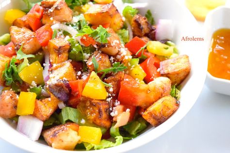 Plantain Salad Recipe, Stuff Plantain Recipes, Plantain Croutons, Plantain Salad, West African Plantain, Plantain Sandwich Vegan, Roasted Plantain And Fish, Africa Recipes, Collard Greens Salad