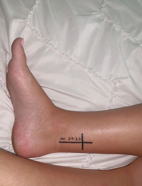 Cross ankle tattoo with Bible verse next to it small. Credit @mand14y Tattoo With Bible Verse, Cross Ankle Tattoo, Ankle Tattoo Cross, Collar Bone Tattoo Small, Bible Verse Tattoo, Scripture Tattoos, Collarbone Tattoo, Bible Verse Tattoos, Verse Tattoos