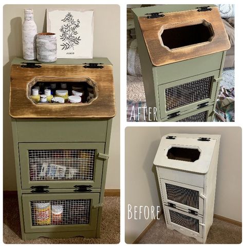 DIY sanded and painted potato bin. Sanded the lid to the original wood, and painted the body a rustic green. Now used to hold paint supplies! (Jamie Roark) Repurposed Potato Bin Ideas, Potato Bin Makeover, Diy Potato Bin, Potato Bin Diy, Potato Bins, Potato And Onion Bin, Potato Box, Potato Bin, Onion Storage