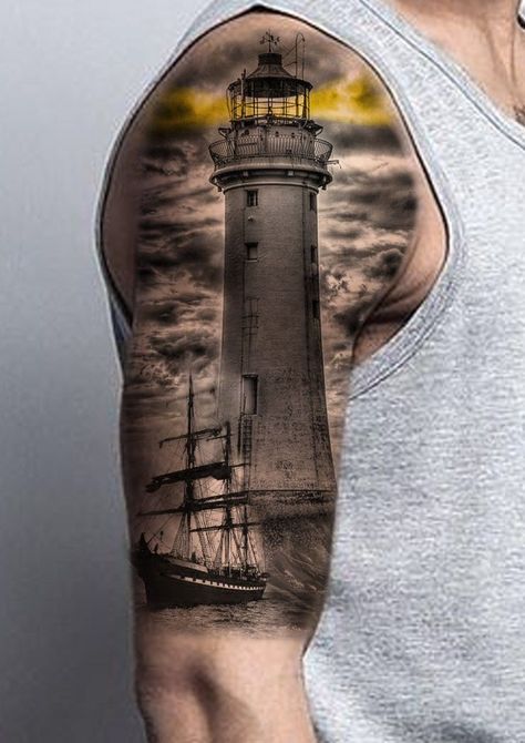 Lighthouse Shin Tattoo, Michigan Lighthouse Tattoo, Lighthouse Ship Tattoo, Lighthouse And Ship Tattoo, Lighthouse Sleeve Tattoo, Ship And Lighthouse Tattoo, Light House Tattoo Design, Lighthouse Tattoo Men, Lighthouse Tattoo For Women