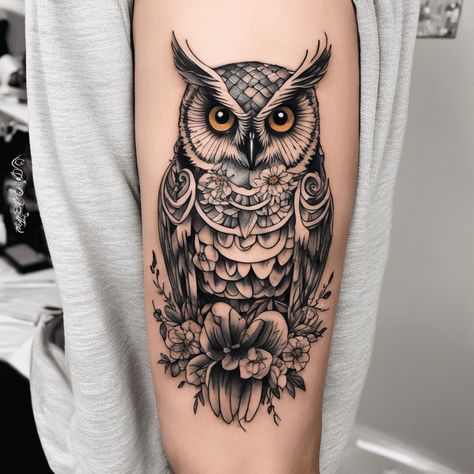 Owl Thigh Tattoo Women, Realistic Owl Tattoo For Women, Owl Flower Tattoo, Owl Tattoo For Women, Owl Thigh Tattoos, Owl Tattoo Ideas, Realistic Owl Tattoo, Owl Tattoo Drawings, Wing Tattoos