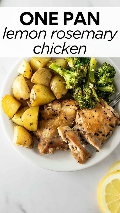 This lemon rosemary chicken and potatoes is a family-favorite dinner recipe, and I guarantee it will be a it with your family, too! Tender chicken thighs with roasted potatoes and tossed in a flavorful herb marinade. Comes together in 1 pan and on the table in 45 minutes! #lemonrosemarychicken #easydinnerrecipe Lemon And Rosemary Chicken, Rosemary Chicken With Potatoes, Rosemary Chicken And Potatoes, Lemon Rosemary Garlic Chicken And Potatoes Southern Living, Rosemary Lemon Chicken, Lemon Chicken And Potatoes, Herb Marinade, Lemon Rosemary Chicken, Chicken And Potatoes