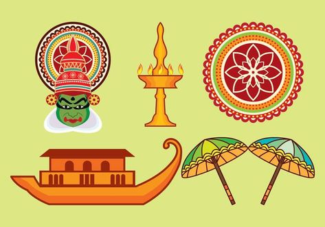 Kerala Vector Icons Set Kerala Doodle Art, Kerala Piravi Drawings, Onam Illustration, Rakhi Background, Onam Ideas, Kerala Drawing, Onam Pictures, Car Drawing Easy, Science Exhibition