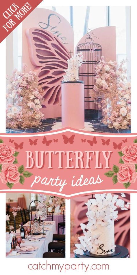 Don't miss this beautiful butterfly baptism! The cake is amazing! See more party ideas and share yours at CatchMyParty.com  #catchmyparty #partyideas #butterflyparty #butterflies #baptism Boho Butterfly Centerpieces, Butterfly Backdrop, Butterfly Themed Birthday Party, Butterfly Birthday Party, Baptism Decorations, Christening Party, Rustic Party, Girl Birthday Decorations, Birthday Party Activities