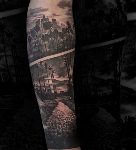 City Tattoo Ideas, Street Sign Tattoo, Holy Tattoos, Building Tattoo, Skyline Tattoo, Los Angeles Tattoo, Winning Tattoo, Street Tattoo, Los Angeles Skyline