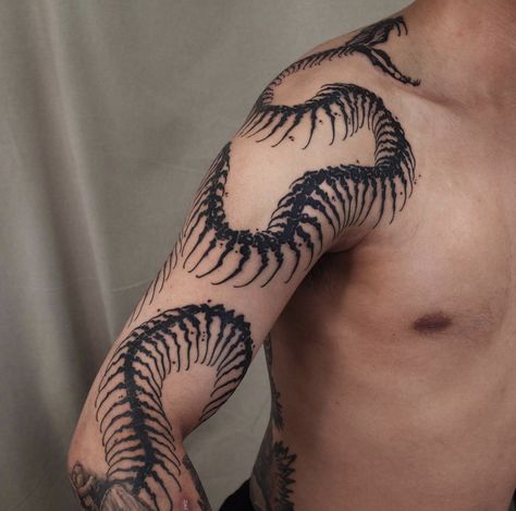 Large Arm Tattoos Men, Snake And Thorns Tattoo, Centipede Flower Tattoo, Snake Skeleton Spine Tattoo, Skeletal Snake Tattoo, Mushroom Neck Tattoo, Full Body Snake Tattoo, Snake Bone Tattoo, Bone Snake Tattoo