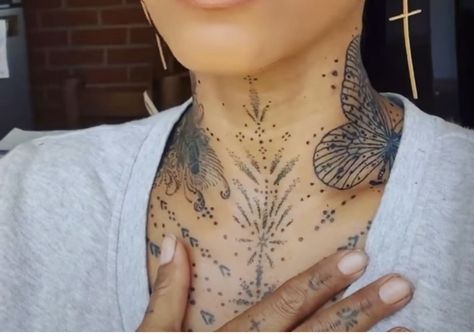 Dot Work Throat Tattoo, Throat Ornamental Tattoo, Fine Line Throat Tattoos Women, Fine Line Throat Tattoo, Dot Neck Tattoo, Spiritual Throat Tattoo, Ornament Neck Tattoo, Chest And Throat Tattoo, Minimal Throat Tattoo