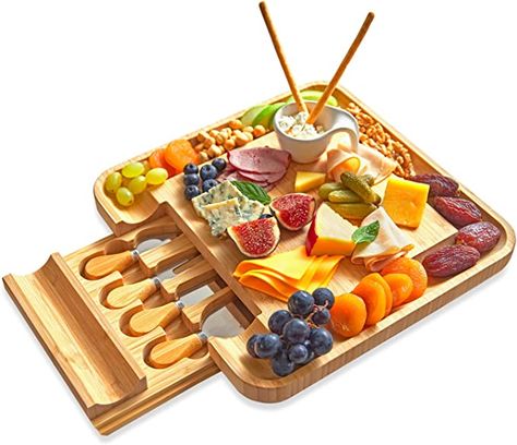 RoyalHouse Unique Bamboo Cheese Board and Knife Set with Slide-Out Cutlery Drawer - Charcuterie Boards Set & Cheese Platter - Ideal Anniversary, Wedding and Housewarming Gift Cheese And Charcuterie Board, Small Cheese Boards, Cutlery Drawer, Cheese Board Set, Charcuterie Platter, Charcuterie Cheese, Cheese Platter, Classy Design, Cheese Platters