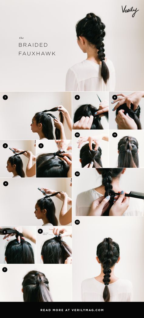 See full tutorial at VerilyMag! http://verilymag.com/2015/11/faux-hawk-faux-braid-hair-tutorial Box Braid Faux Hawk, Braided Faux Hawk Tutorial, Faux Hawk Long Hair, Fauxhawk Braid, Faux Braid Tutorial, Faux Mohawk, Faux Braid, Faux Braids, Faux Hawk Braid