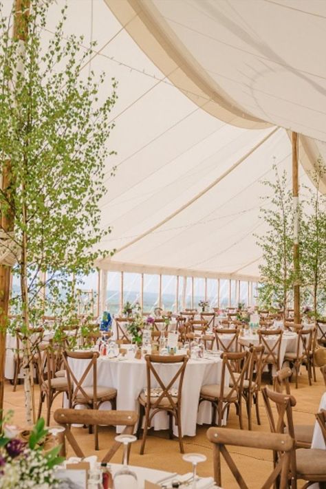 Outdoor wedding marquee with indoor trees, round tables and cross-back chairs Marquee Pole Decoration, Marquee Decoration Wedding, Sailcloth Marquee, Marquee Wedding Decoration, Wedding Trees, Marquee Decoration, Marquee Decor, Matric Farewell, Tent Decor