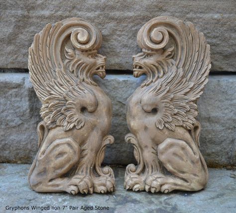 Griffin gryphons Winged lion wall Sculpture plaque set pair | Etsy Winged Lion, Concept Inspiration, Wind Sculptures, Gothic Fantasy Art, Greek Sculpture, Concrete Projects, Clay Wall, Faux Finish, Krishna Art