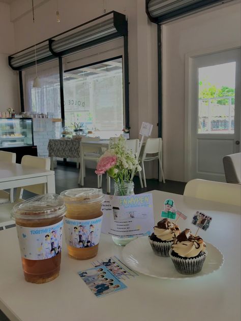 enhypen white aesthetic cafe aesthetic beverages foods muffins drinks Kpop Cafe Event, Kpop Cupsleeve Event, Cupsleeve Events, Kpop Cafe, Bts Cafe, Insta Account, Bts Aesthetics, Bubble Tea Shop, Kpop Shop