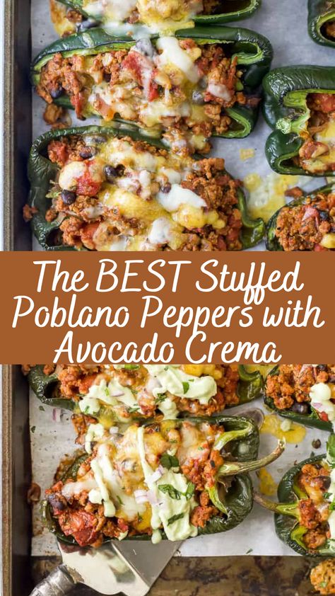 The BEST Stuffed Poblano Peppers with Avocado Crema Recipe | Cheff Recipes Poblano Stuffed Peppers, Stuffed Poblano Peppers Recipe, Plobanos Peppers Recipes, Poblano Pepper Side Dish, California Food Recipes, Stuffed Green Chillies Recipes, Pork Stuffed Poblano Peppers, Recipes With Poblano Peppers, Poblano Pepper Recipes Healthy