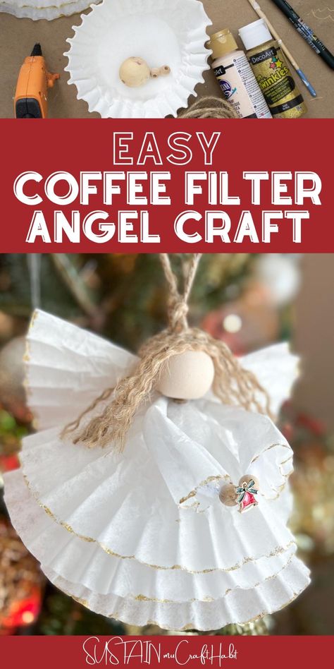 Coffee Filter Angel Craft, Coffee Filter Ornaments Holidays, Christmas Ornaments For Seniors To Make, Crafts Using Coffee Filters, Christmas Diy Angles, Christmas Coffee Filter Crafts, Snow Angel Craft, How To Make Angel Ornaments, Holiday Crafts For Seniors