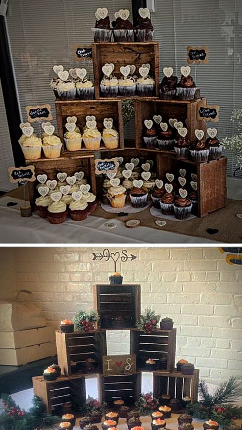 Fall Wedding Cupcake Display, Diy Rustic Cupcake Stand, Wedding Cake Table Ideas Boho, Desert Stands Display, Wooden Cupcake Stand Diy, Rustic Wedding Cupcakes Ideas, Cupcake Displays For Weddings, How To Display Cupcakes At A Wedding, Rustic Dessert Table Wedding