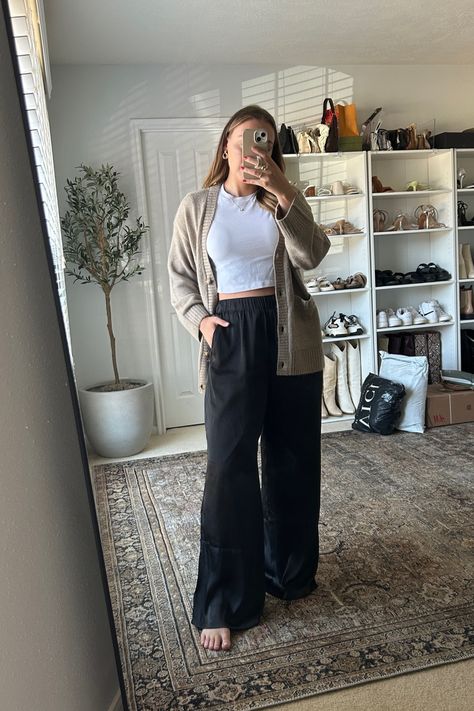 Long-Length Cardigan curated on LTK Romper With Cardigan, Flowy Pants Outfit, Scandinavian Outfit, Pants Romper, Work From Home Outfit, Romper Long Pants, Outfit Cardigan, Cardigan Outfit, Satin Pants