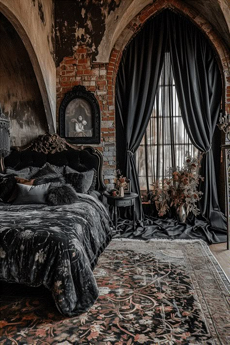 Gothic Bathroom Ideas, Goth Bedroom Ideas, Dark Academia Bedroom Ideas, Whimsy Goth Bedroom, Gothic Bedroom Ideas, Gothic Bathroom, Goth Houses, Goth Bedroom, Gothic Bedroom