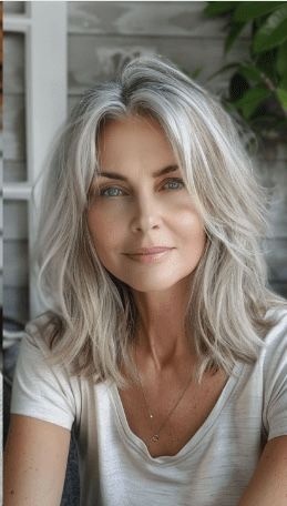 Med Length Grey Hairstyles, Over 50 Mid Length Hairstyles, Long Bob Hairstyles Grey Hair, Long Layered Gray Hair, Grey Bob Hairstyles Over 50, Layered Grey Hair, Short Gray Hair, Silver Blonde Hair, Haircuts For Medium Length Hair