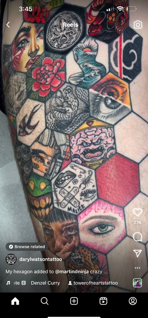 Mosaic Tattoo Sleeve, Mosaic Tattoo Men, Hexagon Arm Tattoo, Hexagon Sleeve Tattoo Design, Grid Tattoo Design, Hex Tattoo Design, Homey Comb Tattoo Design, Hexagonal Tattoo Design, Hexagon Tattoo Design Geometric Art