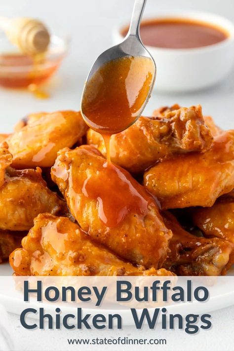 Oven-Baked Honey Buffalo Wings Mild Hot Sauce Recipe, Honey Buffalo Wings, Honey Buffalo Chicken, Buffalo Wings Recipe Baked, Honey Hot Sauce, Sweet Spicy Sauce, Buffalo Chicken Wings Recipe, Baked Buffalo Wings, Super Bowl Menu