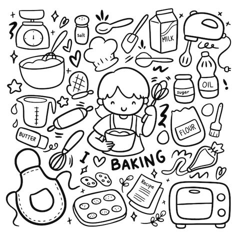 Bakery Doodle Art, Baking Doodles, Monthly Doodles, Kawaii Baking, Baking Drawing, Arte Doodle, Doodle Vector, Baking Equipment, Doodle Pages