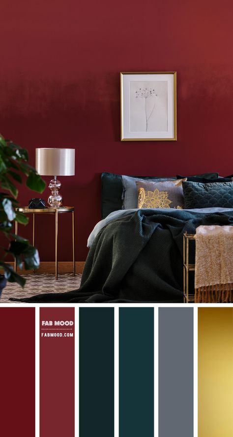 Burgundy and Dark Teal Bedroom with Gold Details Navy Burgundy Bedroom, Red Bedroom Color Schemes, Navy Red Bedroom, Color Palette Bordeaux Burgundy, Burgundy Wall Bedroom, Navy And Burgundy Bedroom, Navy Blue And Burgundy Bedroom, Dark Blue And Red Bedroom, Navy Blue And Red Bedroom