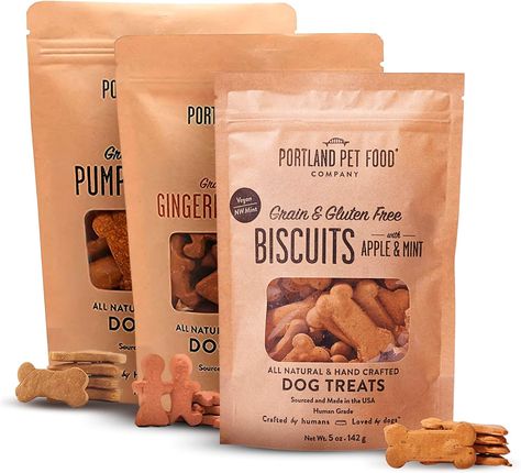 Portland Pet Food Company Grain-Free & Gluten-Free Biscuits are all-natural dog treats made with fresh, natural ingredients sourced locally in the Pacific Northwest. Upgrade your pup's snack to something truly delicious and satisfying that you can both feel great about. These treats are grain-free and wheat-free. No GMOs, BHA, BHT, preservatives, artificial colorings, or artificial anything. 100% NATURAL INGREDIENTS: These healthy dog treats are baked with human-grade ingredients. Gingerbread Pumpkin, Gluten Free Dog Treats, Pet Food Packaging, Gluten Free Biscuits, Pumpkin Dog Treats, Dog Training Treats, Food Company, Mint Cookies, Natural Dog Treats