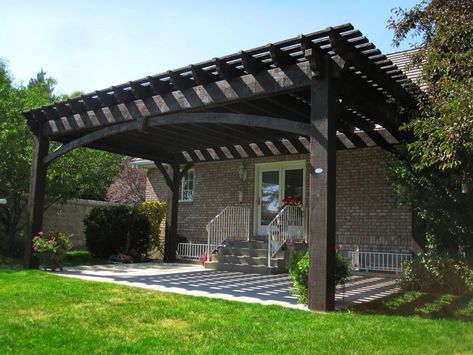 Patio Attached To House, House Backyard Ideas, Covered Patio Ideas, Modern Pergola Designs, Black Pergola, Ideas For House, Timber Pergola, Pergola Curtains, Outdoor Trellis