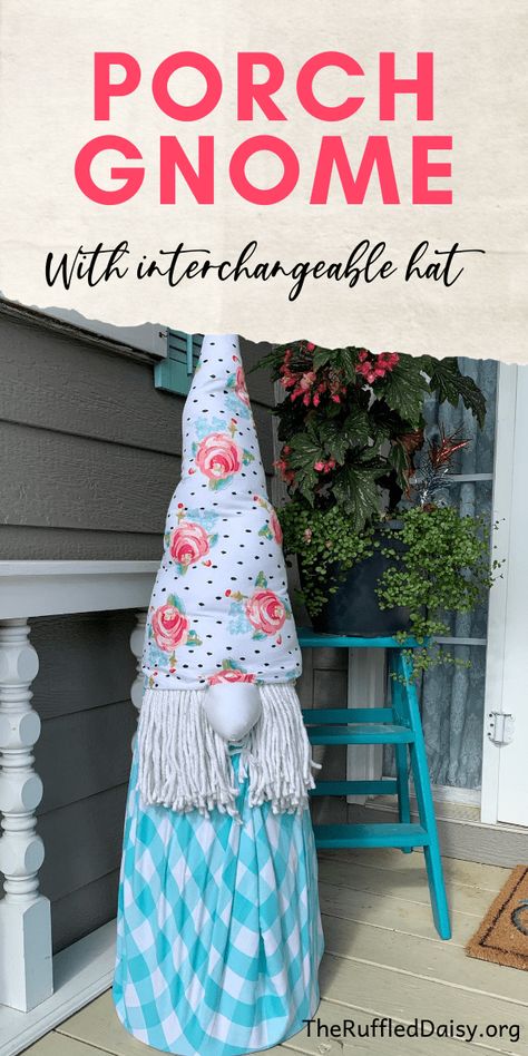 Summertime Porch Gnome DIY with Interchangeable Hat - Girls Easter Bonnet, Tomato Cage Crafts, Easter Porch Decor, Porch Diy, Gnome Diy, Easter Greetings Messages, Porch Decorations, Happy Easter Wishes, Diy Porch