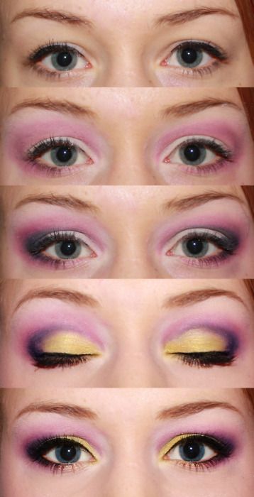 Pink, purple, gold eyeshadow tutorial (I like the pink/purple combo, minus the gold) Fluttershy Cosplay Makeup, Fluttershy Makeup, Makeup Guys, Gold Eyeshadow Tutorial, Mlp Clothes, Fluttershy Cosplay, Gold Eye Shadow, Shadow Dancing, Mlp Cosplay