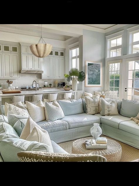 Light Blue Sectional, Coastal Farmhouse Living Room Ideas, Coastal Farmhouse Living Room, Textured Pillows, Living And Kitchen, Natural Wood Accents, Cottage Beach House, Blue Sectional, Beach Home Decor