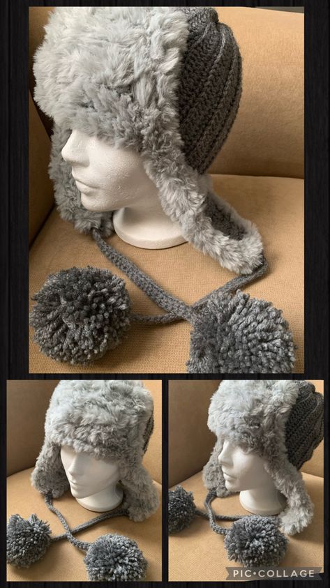 Crochet Trapper hat with faux fur Diy Trapper Hat, Trapper Hat Crochet Pattern, Faux Fur Crochet Hat, Trapper Hat Pattern Sewing, Crochet Trapper Hat, Fur Crochet, Fur Trapper, Fur Trapper Hat, Trapper Hat