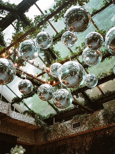 Disco Ball Wedding Decor Dance Floors, Discoball Dance Floor Wedding, Wedding Chandelier Ideas Ceiling Decor, Modern Disco Wedding Theme, Wedding Decor Disco Ball, Disco Dance Floor Wedding, Disco Forest Wedding, Wedding Dance Floor Aesthetic, Disco Ball Garden Party