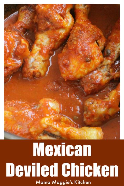 Mexican Deviled Chicken, or Pollo a la Diabla, with VIDEO.  A great weeknight meal that the entire family will love. It comes together quickly and is full of yummy, robust flavors. Enjoy! by Mama Maggie's Kitchen Mexican Dishes With Chicken, Deviled Chicken, Enchiladas Mexicanas, Mexican Food Dishes, Chicken Leg Recipes, Pollo Guisado, Mexican Chicken Recipes, Recipes Authentic, Chicken Drumstick Recipes