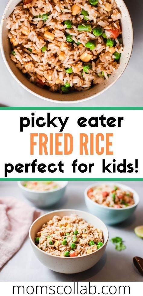 This easy dinner recipe for kids is perfect for picky eaters! Fried rice recipe that's super easy. #easydinner #cheapdinner #dinnerrecipes #kidsrecipes Easy Healthy Dinner For Picky Eaters, Supper Ideas For Picky Eaters, Picky Kids Meals, Recipe For Picky Eaters, Kid Dinners, Meals For Picky Eaters, Rice Recipes For Kids, Picky Eater Lunch, Picky Eaters Dinner